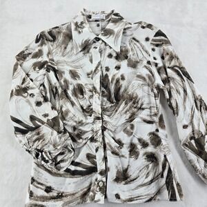 Couleur by Finley Blouse Womens L Button Up White Brown Tristana Flying Feathers